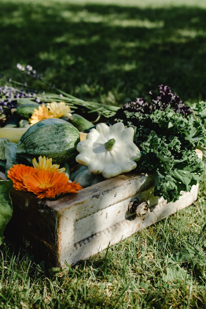 our-story Vibrant collection of fresh organic vegetables and flowers in a rustic wooden box outdoors.